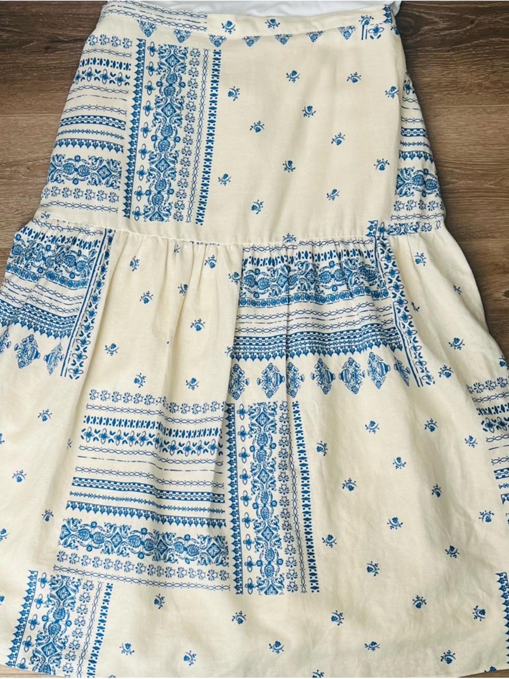 ANTHRO | Maison D’Amélie Blue Tile Print Linen Blend Midi Skirt L